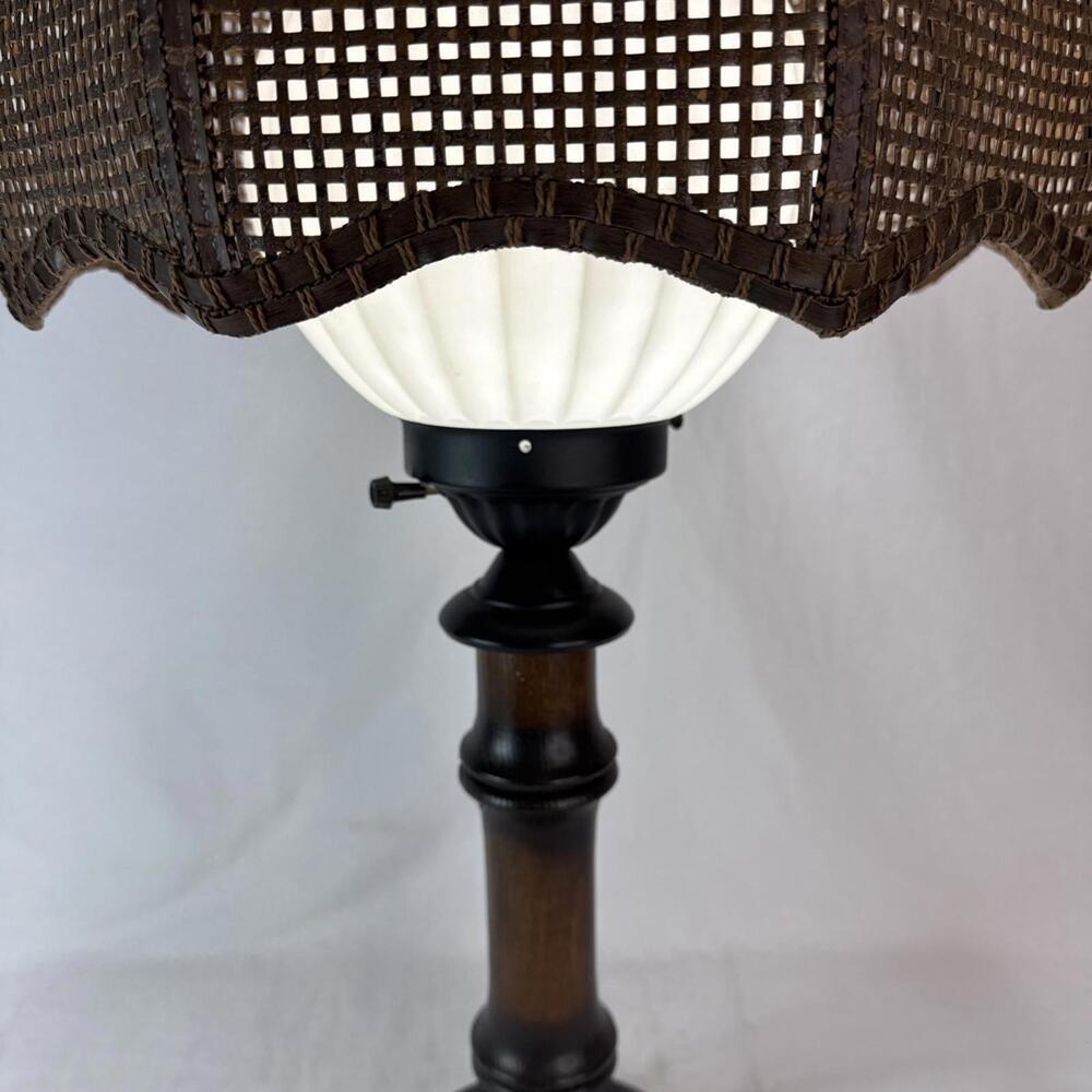 Vintage 70's Tropical BAMBOO LAMP Wicker Shade White Glass Globe Boho Chic - Picture 4 of 15